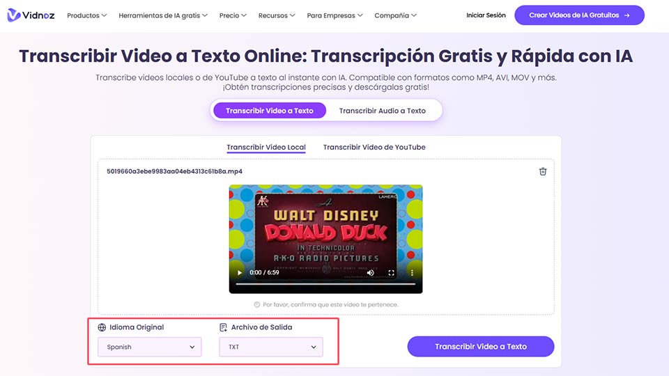 Transcribir video a texto con IA paso 2, selecciona el idioma y el formato