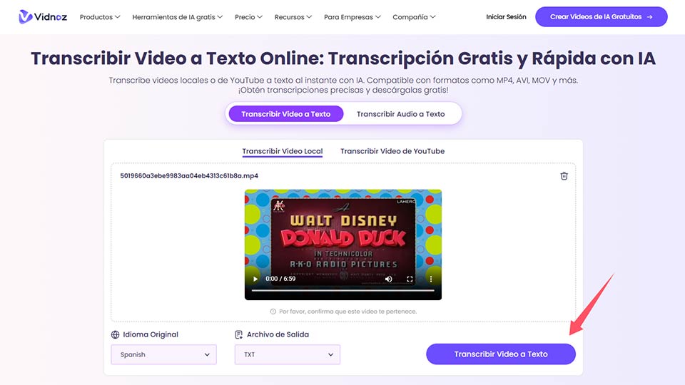 Transcribir video a texto con IA Paso 3. Vidnoz AI transcribe tu video a texto
