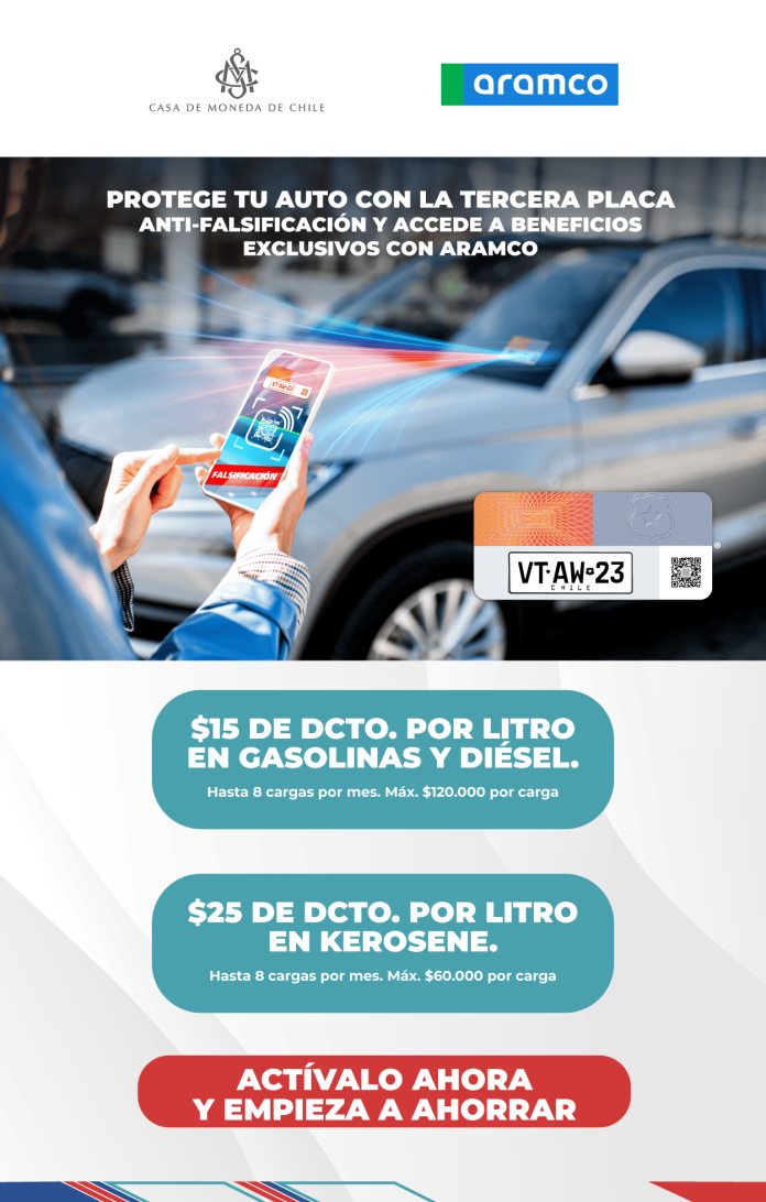 Casa de Moneda y Esmax -filial de Aramco- ofrecen descuentos para quienes obtengan la Tercera Placa Patente® al renovar su permiso de circulación