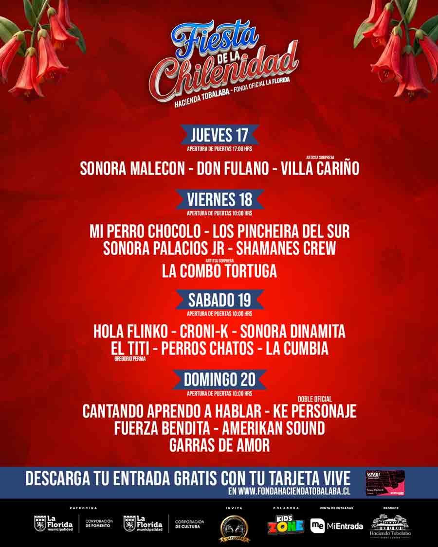 La Florida celebra el 18 con entrada gratis para vecinos y una gran fonda con Villa Cariño, Shamanes, Amérika´n Sound y Garras de Amor